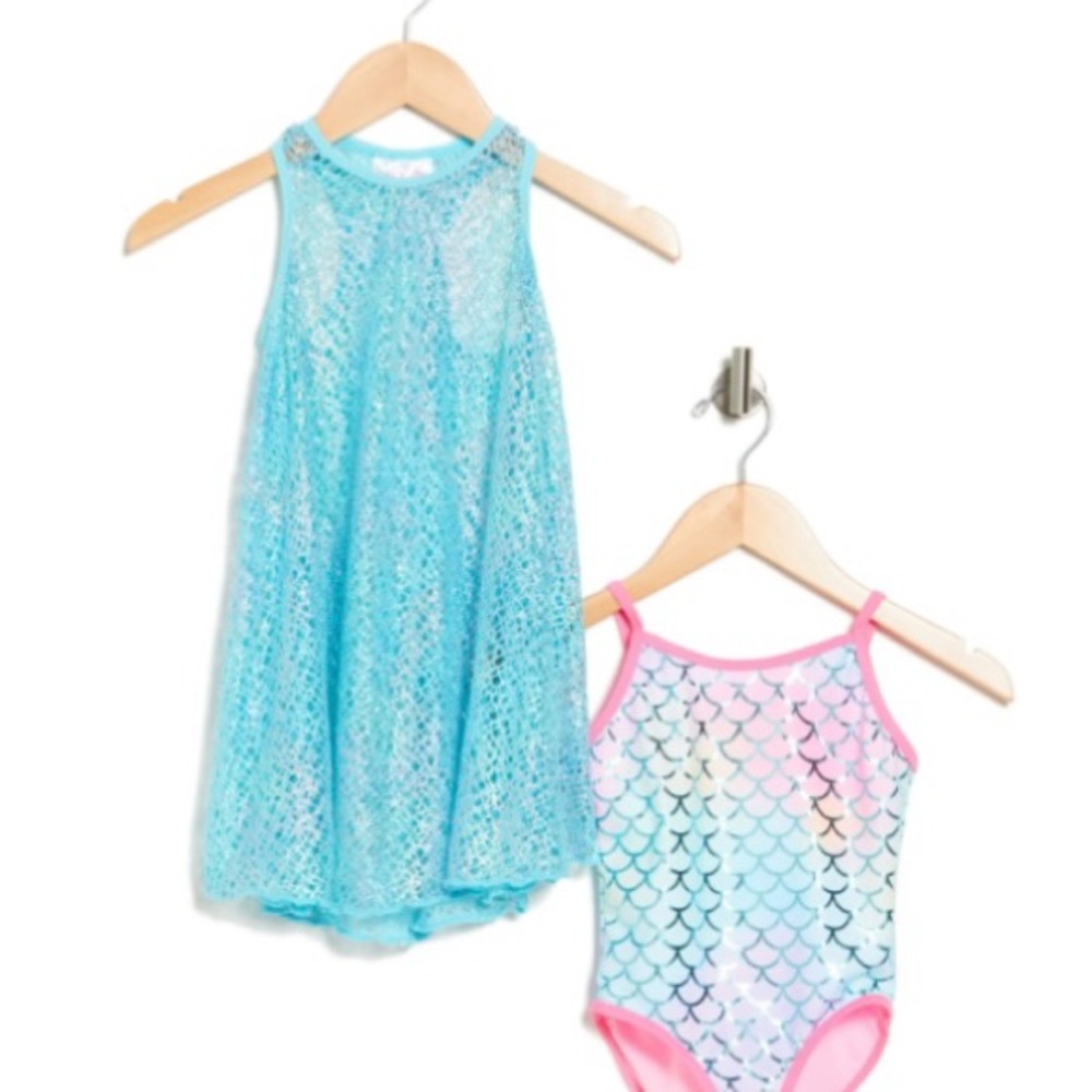 Nordstrom Aqua and Pink Mermaid Swimsuit and Cover Up- New with Tags
